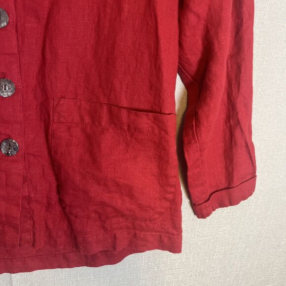 Flax Linen Womens Sz Petite Large Button Up Shirt Jacket Shacket Red Long Sleeve - Picture 3 of 7